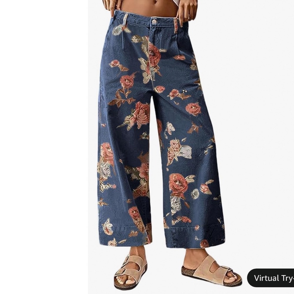 Loveimgs Floral Wide Leg Jeans Baggy Cropped Denim Womens Small Blue Rose Print